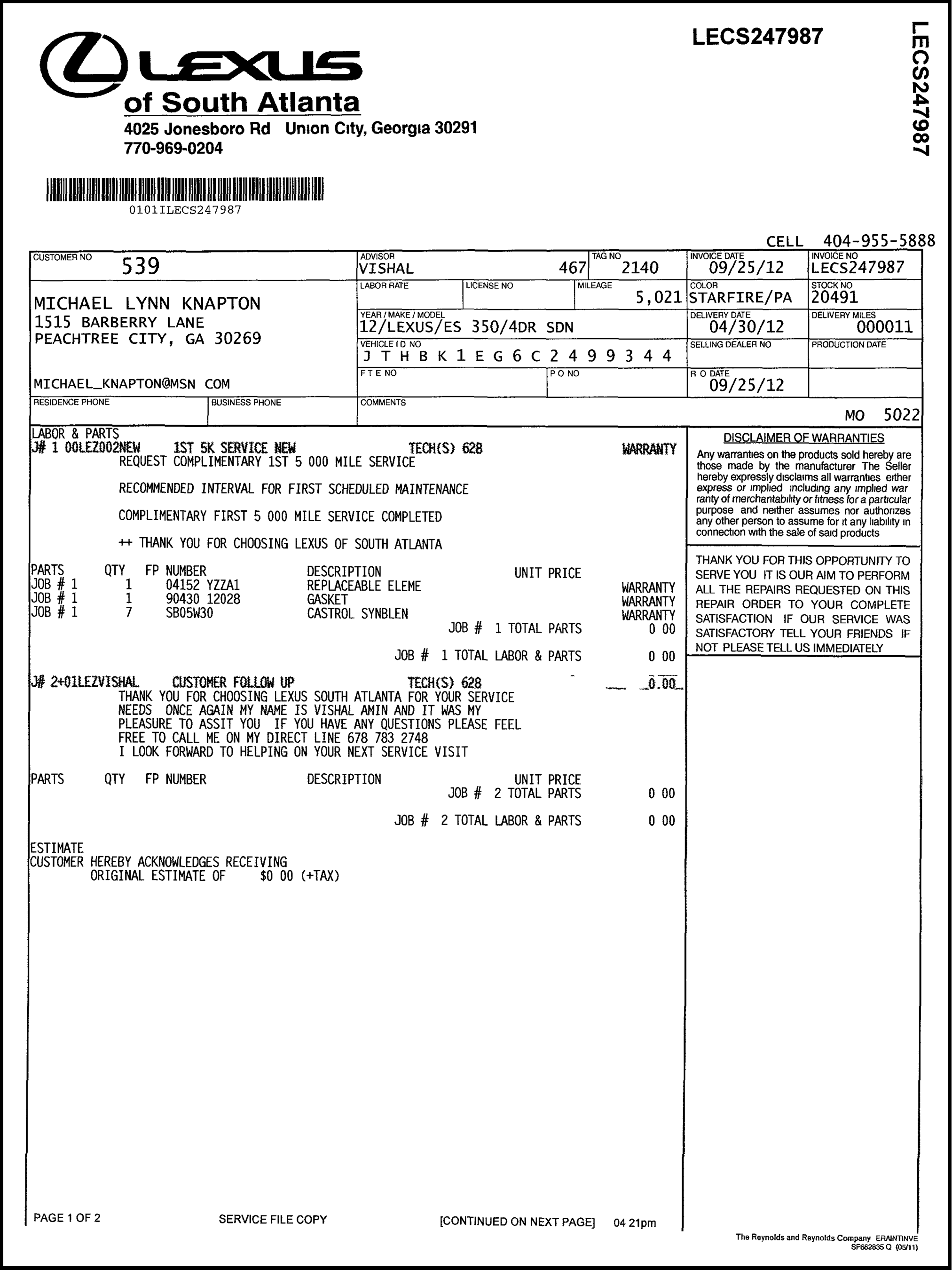 Scanned Repair Order Document